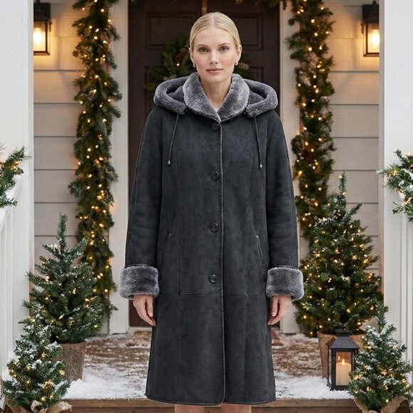 Studio Vogue Faux Shearling Coat Dark Green with Removable Hood Warm Oversized - Picture 2 of 11